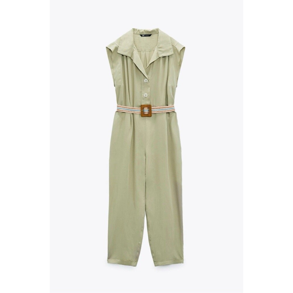 ZARA Jumpsuit Size S  Khaki Cap Sleeve Crop Leg With Belt‎ loops Button Up
